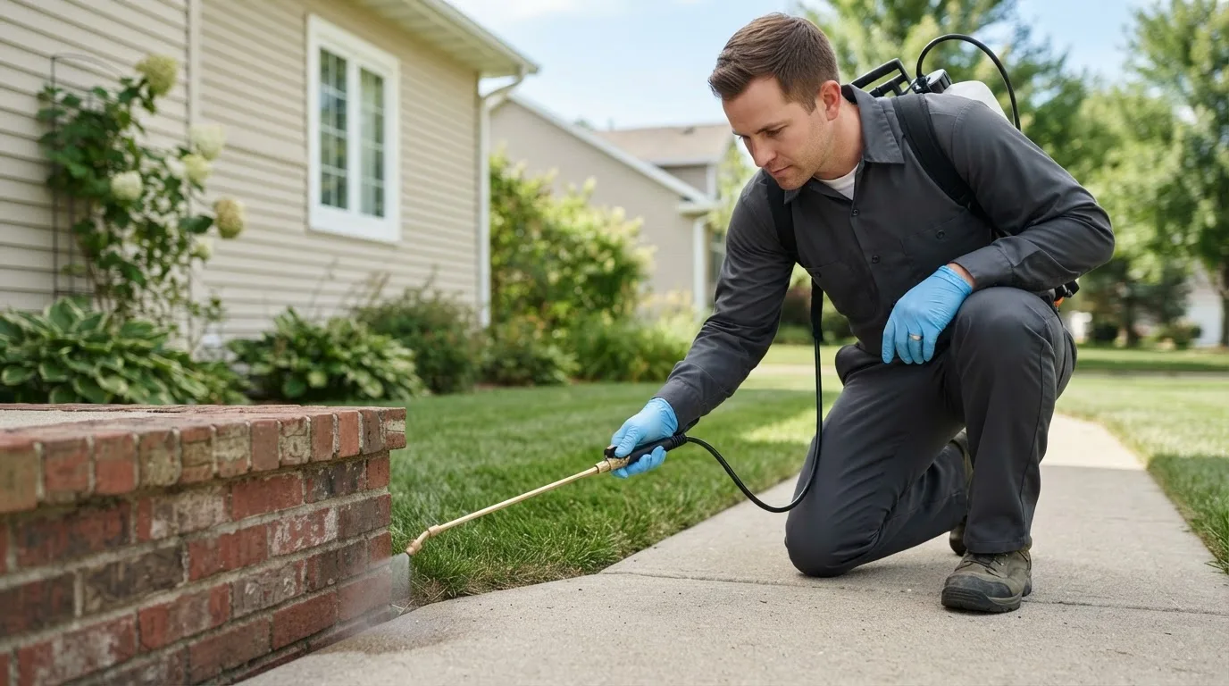 Pest control technician treating a home near Pittsfield, NH